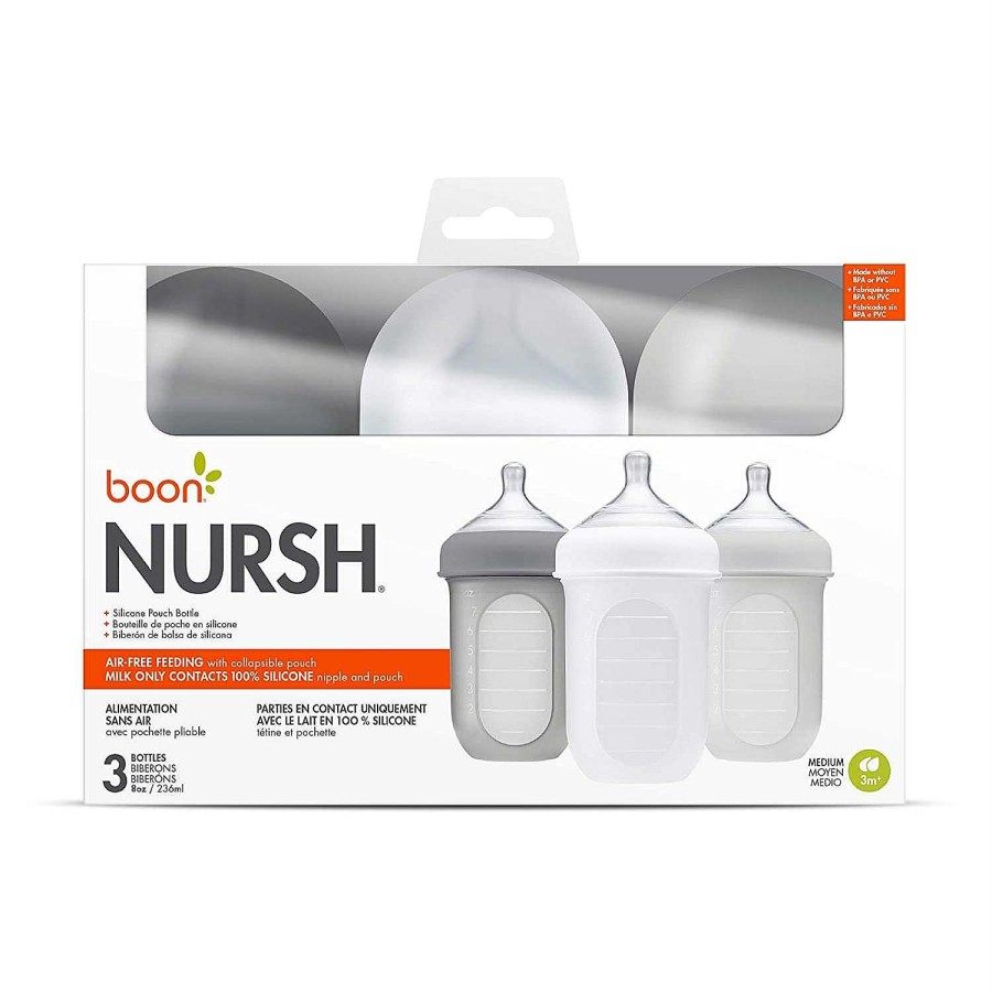 Feeding Boon Bottles & Accessories | Boon Nursh Silicone Pouch Bottle 8Oz 3 Pack Grey